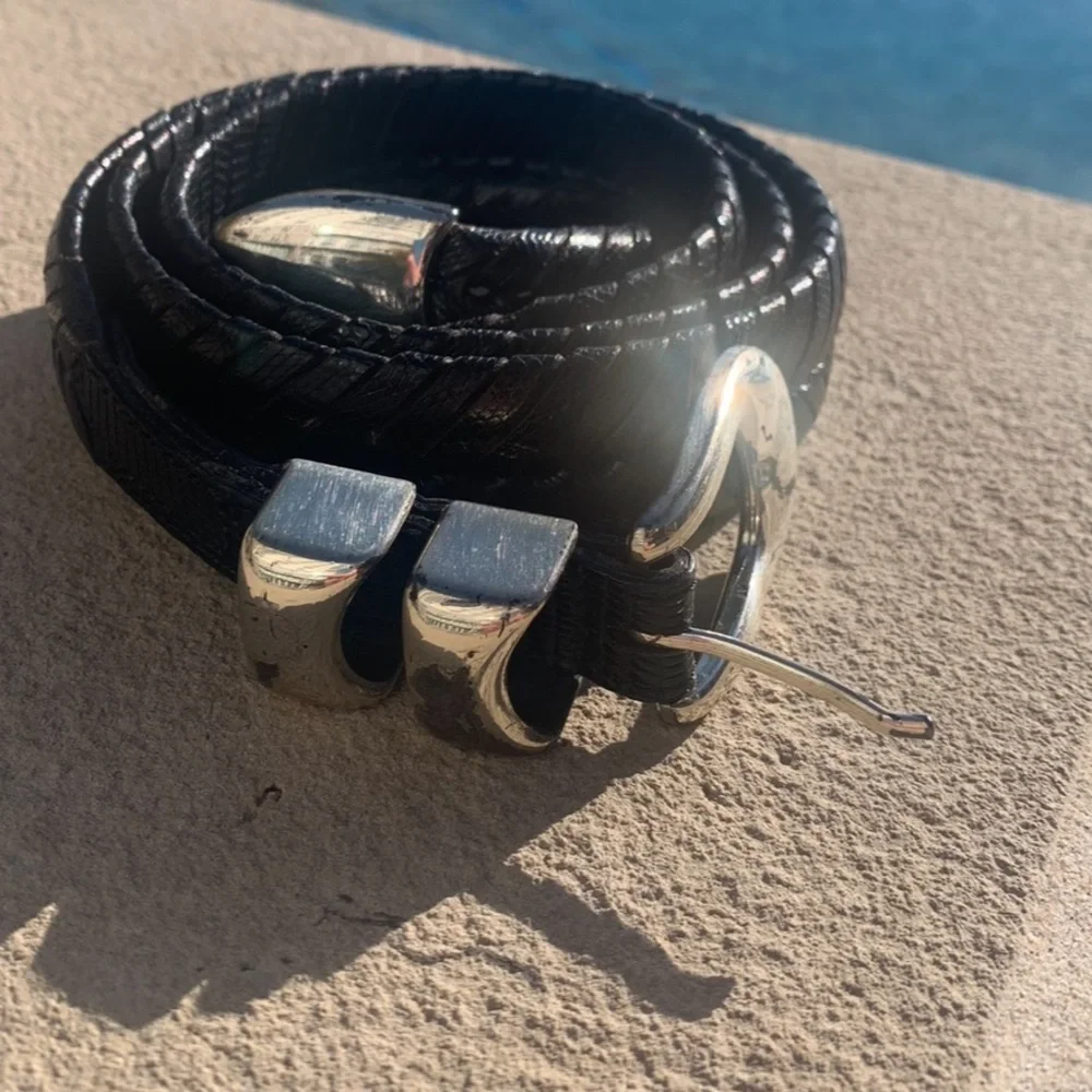 Leather belt men’s 42 black braided silver coated finish buckle 1 1/10” wide